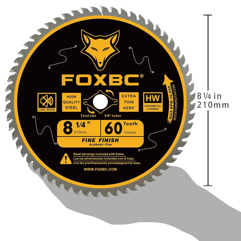 FOXBC 8-1/4 Inch Table Saw Blade 60 Tooth Fine Finish Wood Cutting with 5/8" Arbor, Diamond Knockout - Image 3